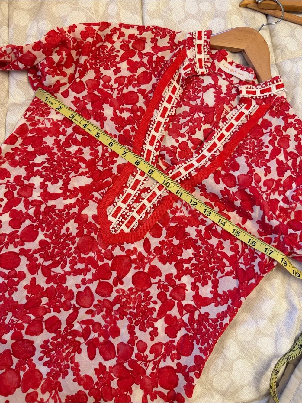 Tory Burch Womens Tunic Top Red Floral Beaded Lattice Resort Coas